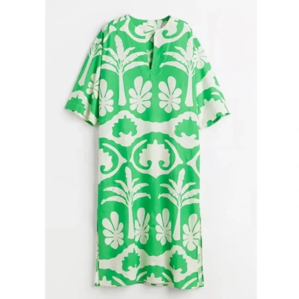 H&M Long Kaftan Green Palm Trees Midi Long Tropical Dress